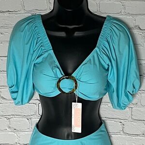Cider Turquoise Puff Sleeve Blouse with Ring Detail